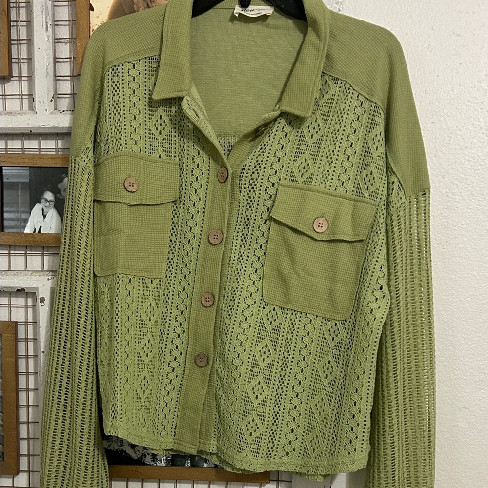 Olive Green Crochet Button-Up Top